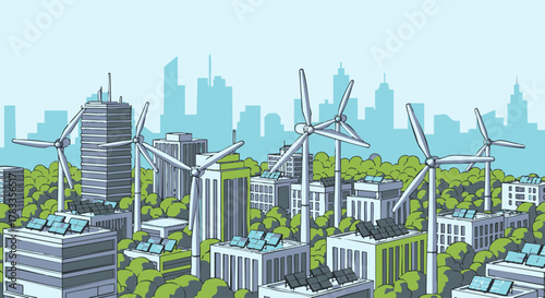 Sustainable Cityscape Depicting Renewable Energy Sources and Green Buildings.