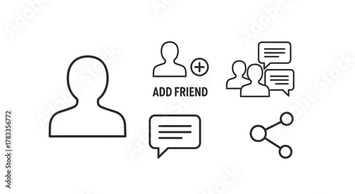 Collection of social media icons representing user profile, adding friends, messaging, and sharing.