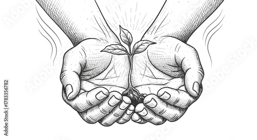 A detailed pencil sketch depicts cupped hands gently holding a small, vibrant green seedling with three leaves, symbolizing growth and care.