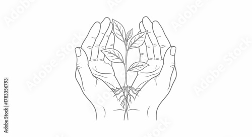 A detailed line drawing of two hands cupping a small plant, symbolizing growth and care.