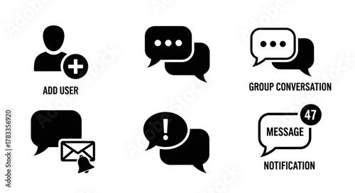 A collection of six black and white icons representing various communication and notification features.