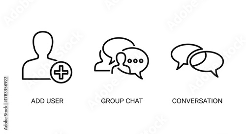 Line art icons representing add user, group chat, and conversation concepts for digital communication.
