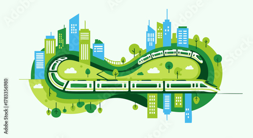 Eco-Friendly Train Journey Through a Green Cityscape, Sustainable Transportation Concept.