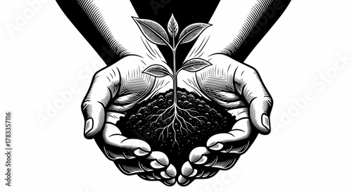 A black and white illustration of cupped hands carefully holding a young plant sprout in soil, symbolizing growth and new life.