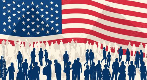 Silhouetted Crowd of People Gathered in Front of American Flag.