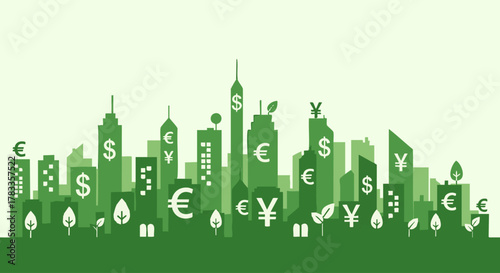 Green City Skyline with Currency Symbols Representing Global Finance.