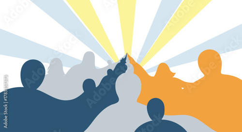 Silhouettes of people reaching upwards towards a bright light, unity concept.