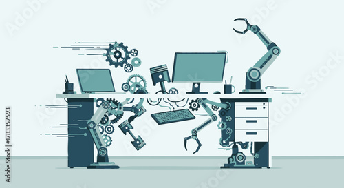 Robotics and automation concept with gears and robotic arms on a desk.
