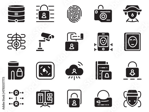Collection of 20 digital security and privacy glyph style icons for various applications
