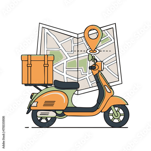 Delivery Scooter with Location Pin and Map Illustration.