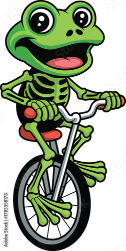 Green frog riding a unicycle bones