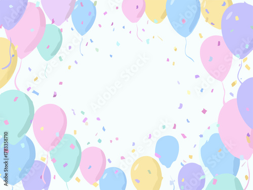 パステルカラーの風船と紙吹雪が舞う、お祝いやイベントに最適な背景イラストで、ベクターデータなので拡大縮小も自由自在です。