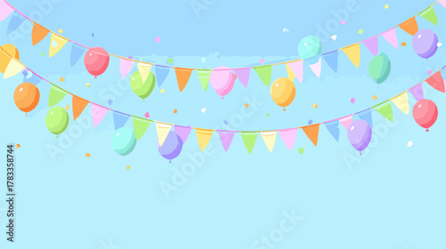 青空に浮かぶカラフルなガーランドと風船、パーティーや祝祭の楽しい背景イラスト