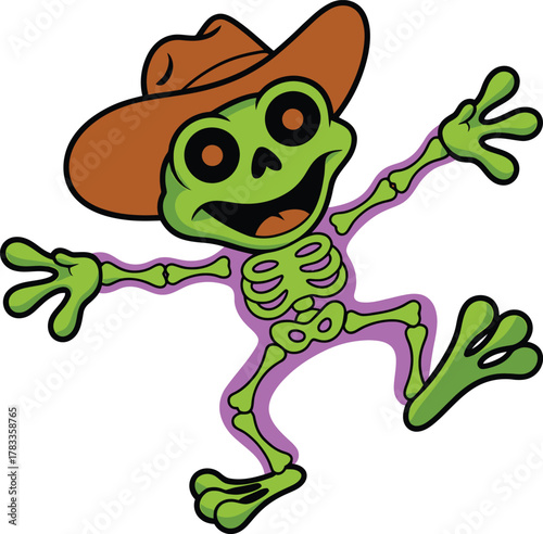 Green frog wearing brown cowboy hat dancing vector