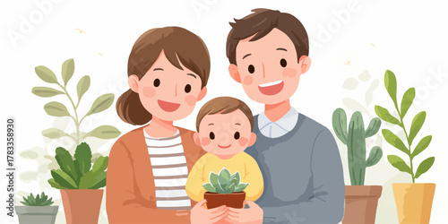 笑顔で植物を育てる幸せな家族のイラスト、温かい家庭のイメージ