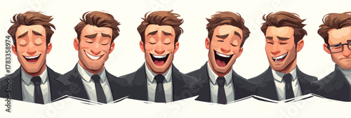 男性の様々な表情と感情を捉えたベクターイラスト、ビジネスマンの喜びと驚き
