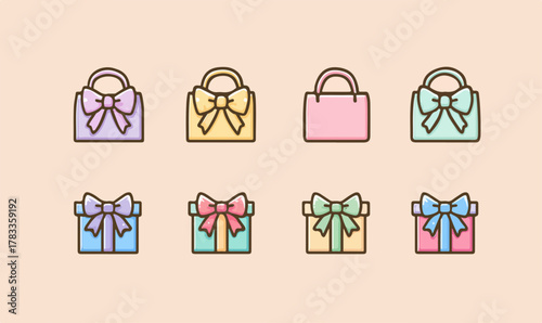 パステルカラーのギフトバッグとプレゼントボックスのベクターイラストセット