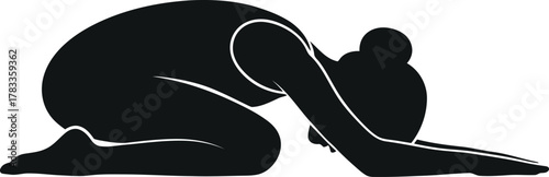 Silhouette of a person in a deep yoga pose with head touching knees on a white background