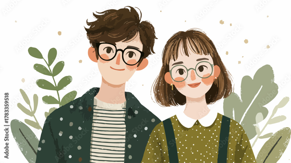 Obraz premium メガネをかけた若いカップルが植物に囲まれて微笑んでいる、イラストレーション。