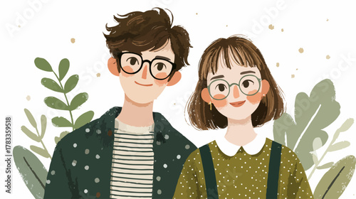 メガネをかけた若いカップルが植物に囲まれて微笑んでいる、イラストレーション。