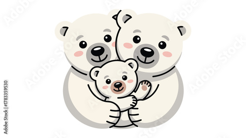 Cuddling Polar Bear Family: a charming cartoon depicts a polar bear family of three, with parents lovingly embracing their cub in a heartwarming display of family bonds.