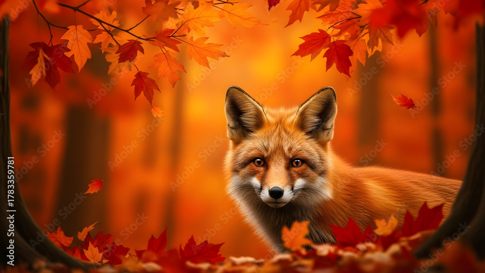 Obraz premium A captivating red fox emerges from a vibrant autumn forest, its piercing gaze reflecting the wild beauty of a colorful fall landscape