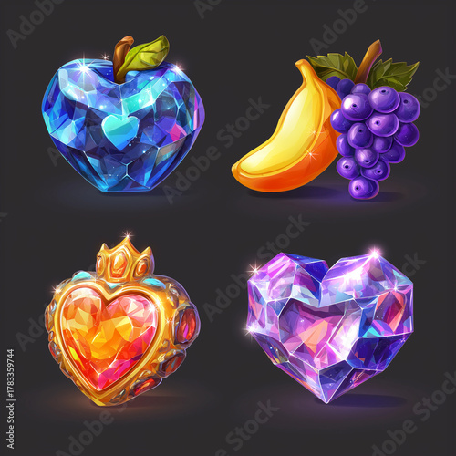 The ui casino slot game cartoon set for mobile gamble interface in app to play. Cute and glossy online spin badge object kit, casino slot game, casino element asset, Illustration