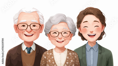 笑顔で寄り添う家族のイラストです。温かい雰囲気で、おじいさん、おばあさん、娘の三人が描かれています。幸せな家族の愛情を表現。