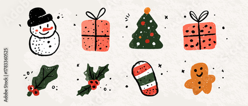 手描きのクリスマスモチーフのベクターイラストで、雪だるま、クリスマスツリー、プレゼント、ジンジャーブレッドマンなどが描かれています。