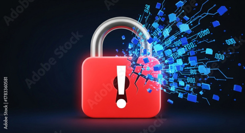 Broken cybersecurity padlock with digital data breach and system vulnerability warning sign for online safety