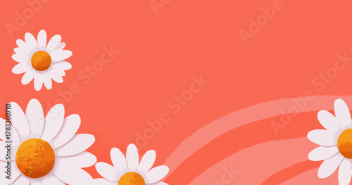 コーラルピンクの背景に白いデイジーの花が咲き誇る、春らしいベクターイラストレーションで、穏やかで優しい雰囲気のデザインです。