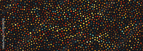 暗い背景に散りばめられたカラフルなドットが、独特のテクスチャと深みを生み出す、ベクター素材の抽象的なデザインです。