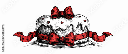 赤いリボンとハートの装飾が施された、手描きのケーキのベクターイラストは、お祝いの雰囲気と温かい気持ちを表現しています。