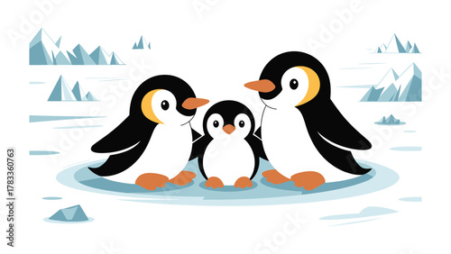 Penguin Family Portrait: A charming depiction of a penguin family, nestled amidst a snowy arctic landscape, exuding warmth and togetherness, capturing the essence of familial love.