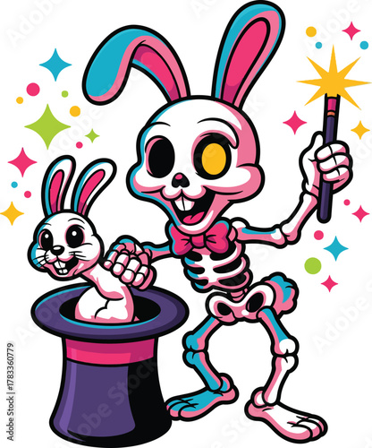 Rabbit magician with bunny in hat and magic wand vector