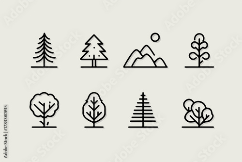 シンプルな線画で描かれた様々な種類の木や山などの自然のアイコンセットは、デザインプロジェクトに多様性と自然の要素を加えます。