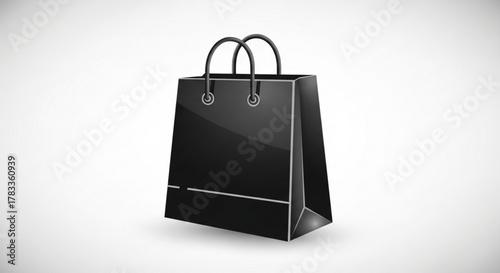 Black shopping bag retail merchandise purchase container with handles and shiny surface for brand marketing