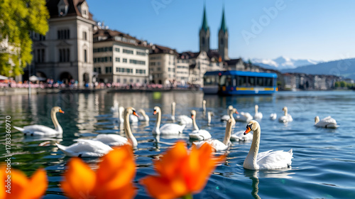 Fototapeta Naklejka Na Ścianę i Meble -  Graceful swans gliding on the serene lake waters. A cityscape backdrop with historic buildings and distant mountains completes this idyllic scene. #swanlake