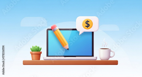 Freelance work online earning money concept laptop pencil and coffee for remote job opportunities today