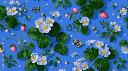 青い背景にイチゴの花と葉、そして蝶が舞う可愛らしいベクターパターン