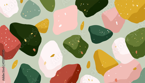 カラフルなテラゾー柄の抽象的な背景デザイン、モダンでミニマルな装飾パターン