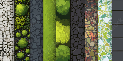 緑豊かな植物や石畳、テラゾーなど、様々なテクスチャを組み合わせたベクター素材集。