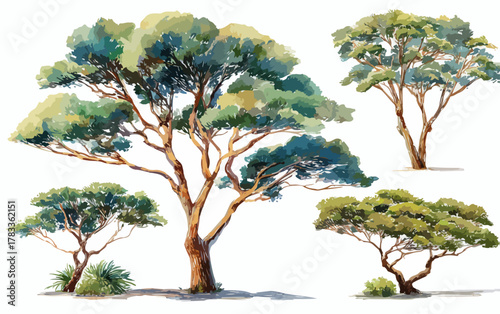 水彩画で描かれた、さまざまな種類の木が描かれたベクターイラスト。自然、植物、風景、デザイン要素、背景素材として最適です。