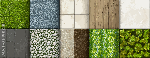 さまざまなテクスチャのパターンを組み合わせた、多様なデザインのベクターイラストレーションです。自然、石、木、葉などの質感表現が特徴的です。