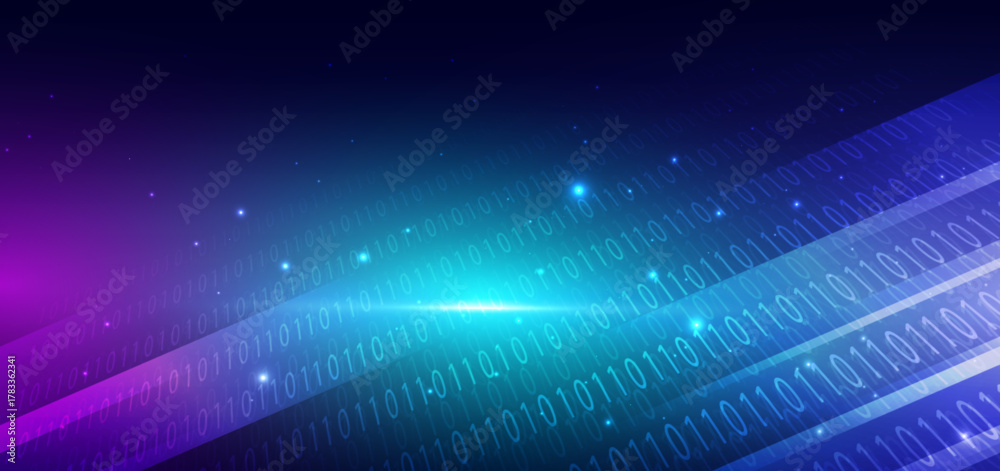 Fototapeta premium Abstract digital data binary code diagonal on blue background with light effect. Technology cyberspace concept.