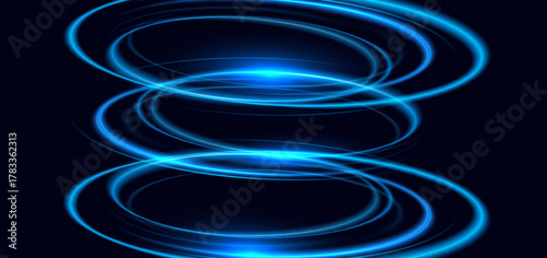 Blue circles glowing overpping on dark blue background. Speed motion moving movement concept.
