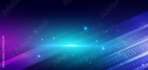Abstract digital data binary code diagonal on blue background with light effect. Technology cyberspace concept.