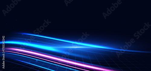 Scene blue and pink wave rays on dark blue background. Technology hi speed background.