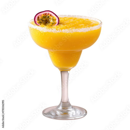 Mango margarita cocktail with salt rim and passion fruit garnish, vibrant yellow frozen drink in elegant glass, refreshing summer beverage, isolated on transparency background