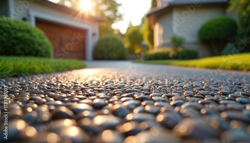 Fototapeta Naklejka Na Ścianę i Meble -  Close up of resin driveway surface in sunlight. Small stones form a textured road leading to homes. Garden bushes flank drive. Sun shines over garage. Modern design for residence.